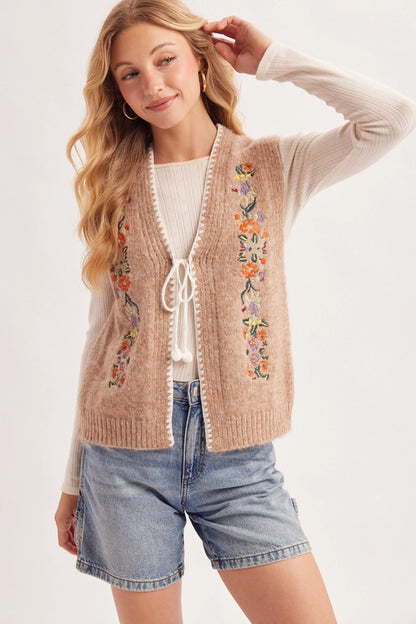 Meadow Vintage Floral Embroidered Tie Vest