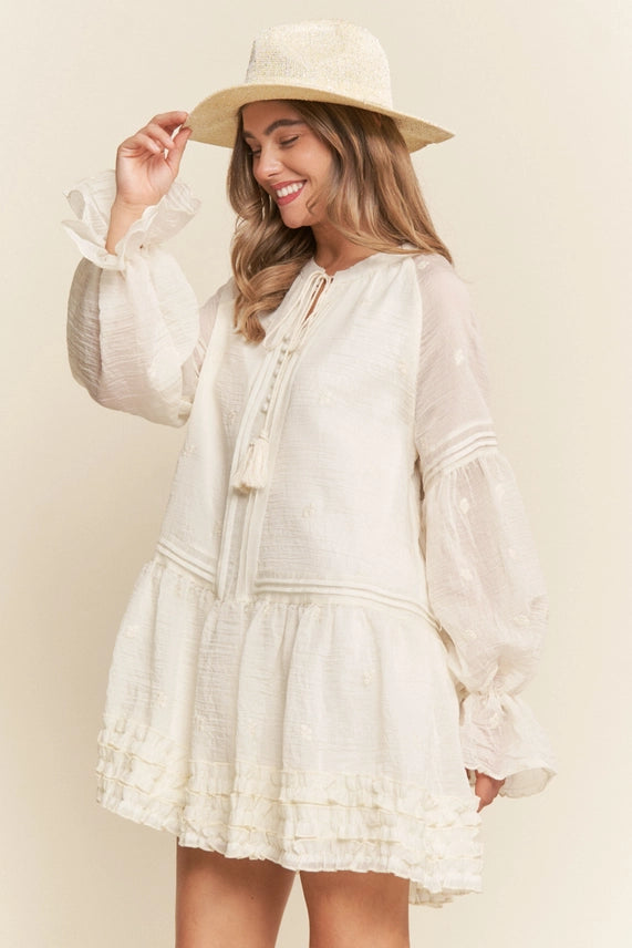 Floral Embroidered Long Sleeve Tassle Dress