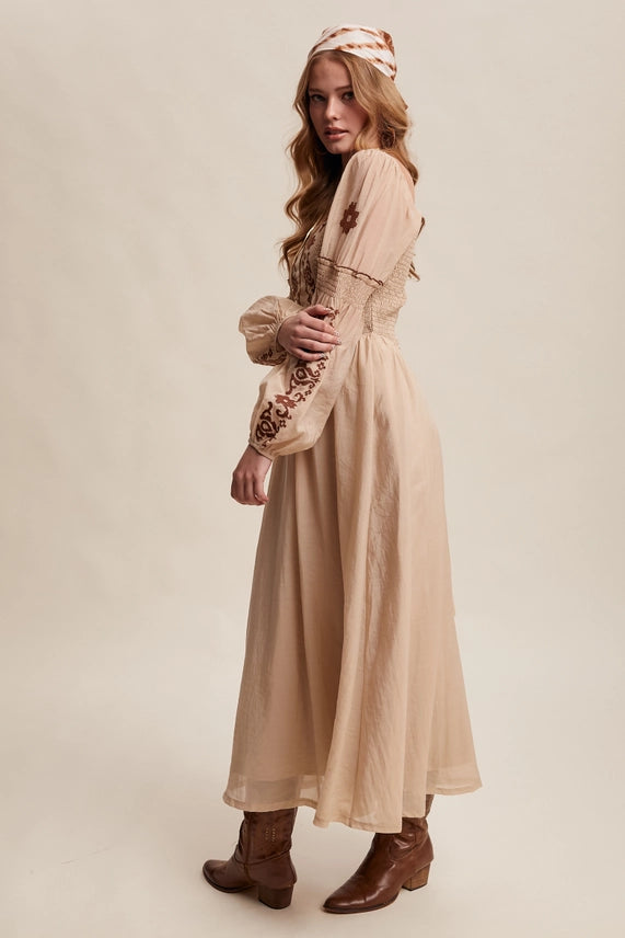 Embroidered Puff Sleeve Maxi Dress - Taupe