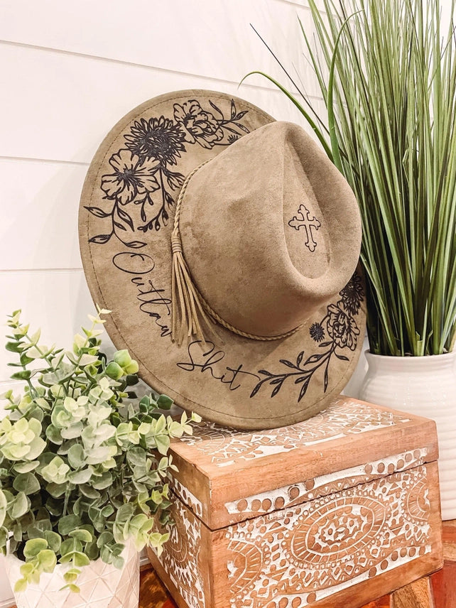 Engraved Floral Khaki Hat | She is a Wildflower