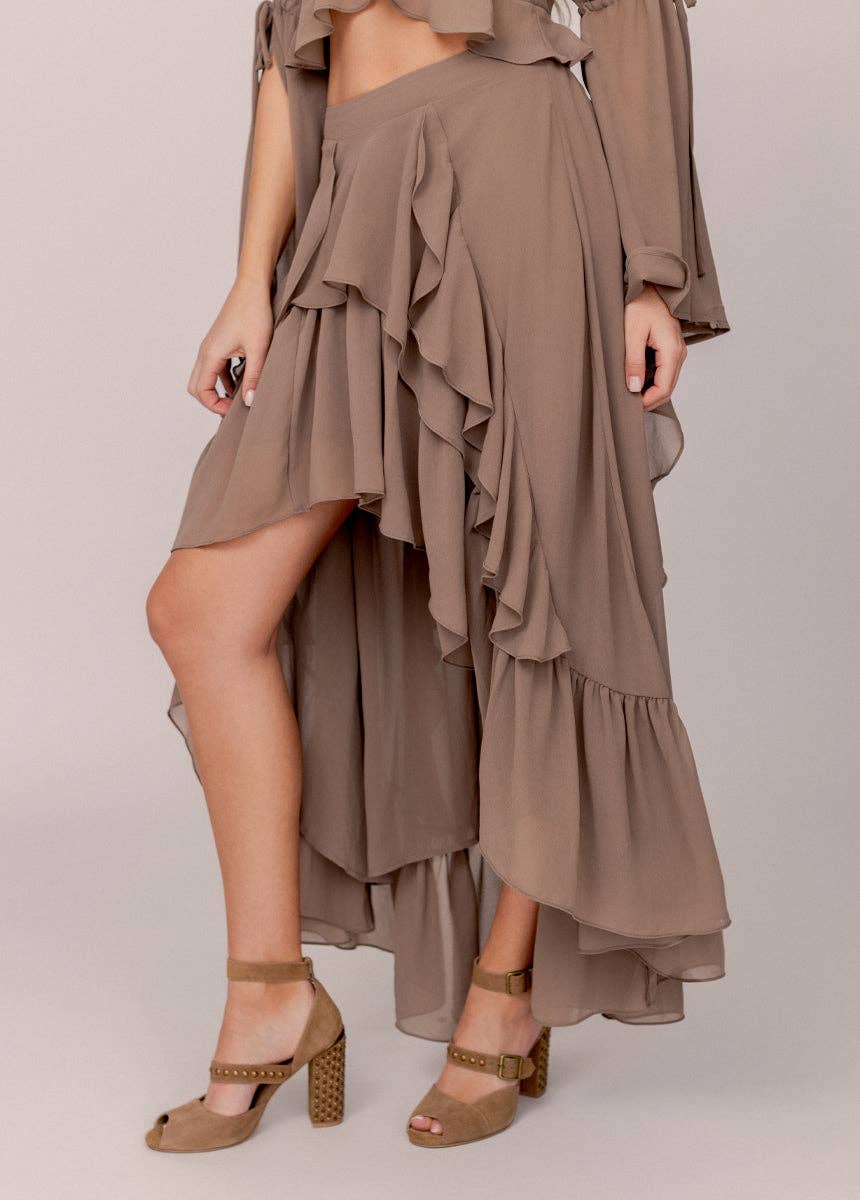 Ruffle Cascade Maxi Skirt-Taupe