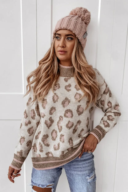 Two-Tone Ribbed Trim Contrast Leopard Sweater