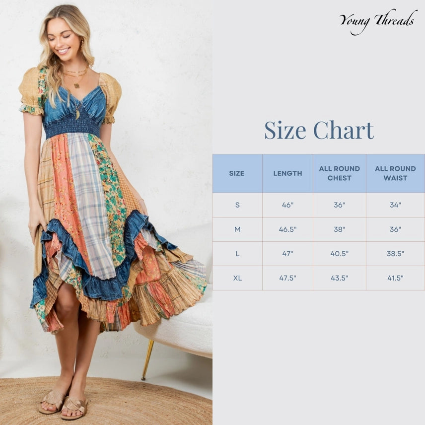 Boho Denim Patchwork Midi Dress-Floral