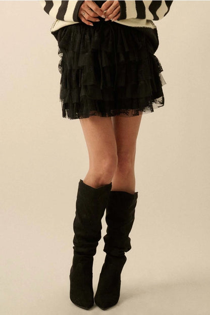 Lace and Tulle Tiered Ruffle Mini Skirt-Black