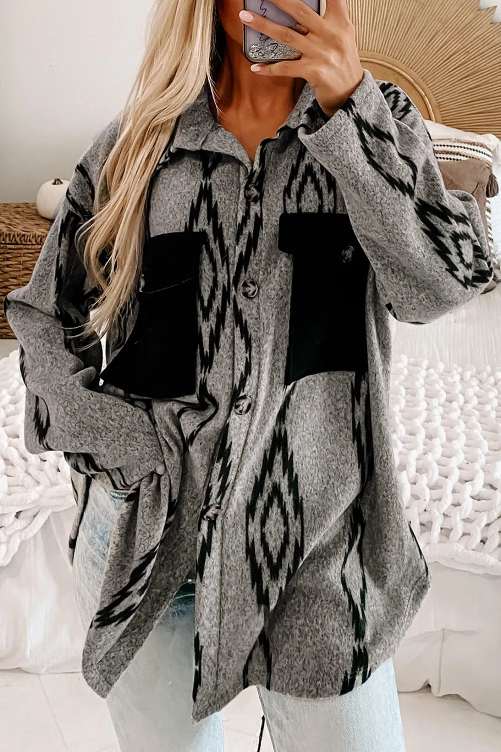 Gray Aztec Contrast Shacket