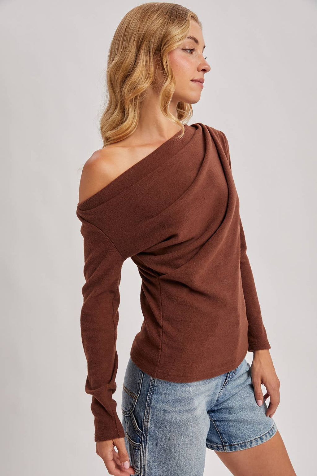 Hazelnut One-Shoulder Pleated Knit Top