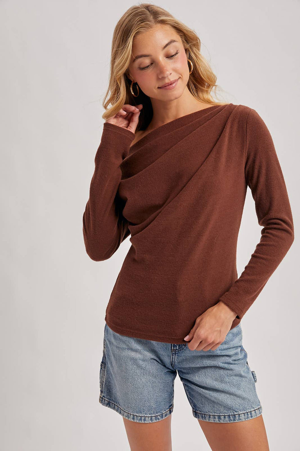 Hazelnut One-Shoulder Pleated Knit Top