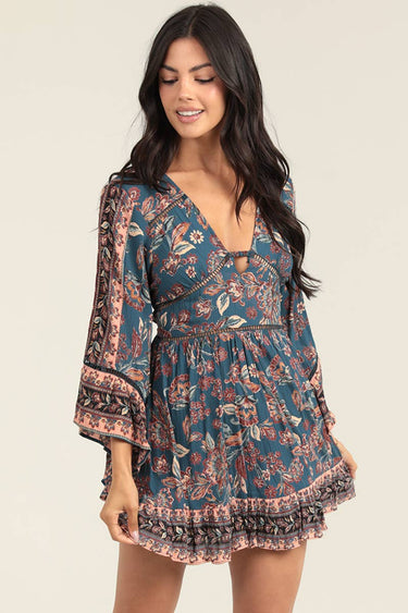 V-Neck Keyhole Long Sleeve Knee Length Dress