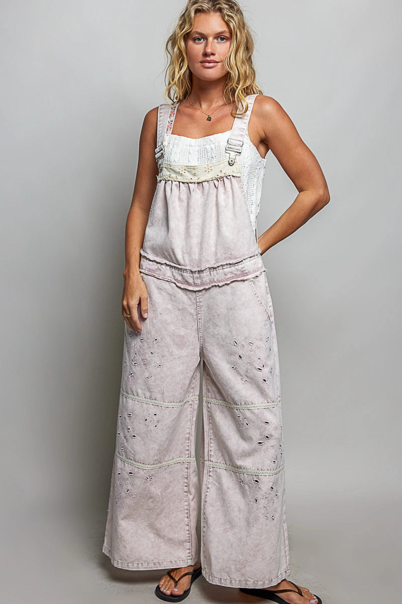 Laser-Cut Trim Denim Overalls