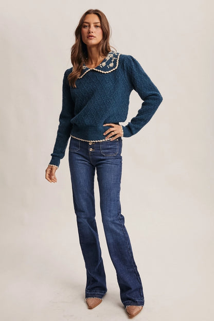 Daisy Embroidered Collar Knit Sweater