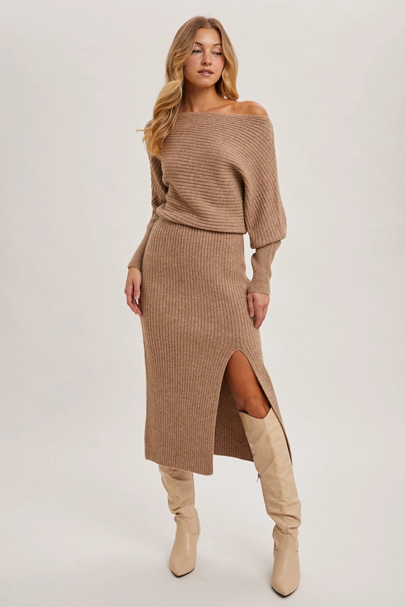 Modern Muse One-Shoulder Slit Knit Midi Dress
