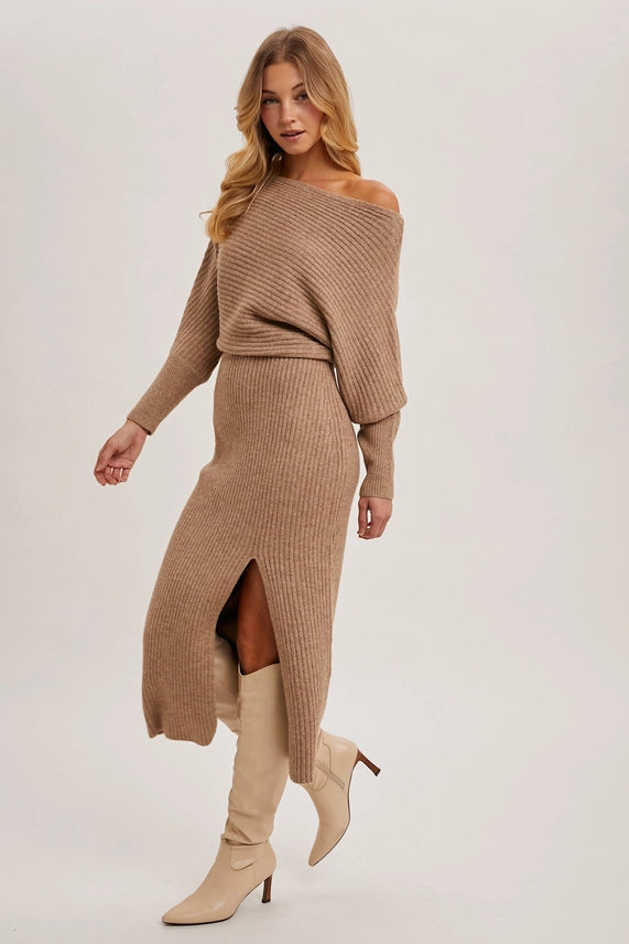 Modern Muse One-Shoulder Slit Knit Midi Dress