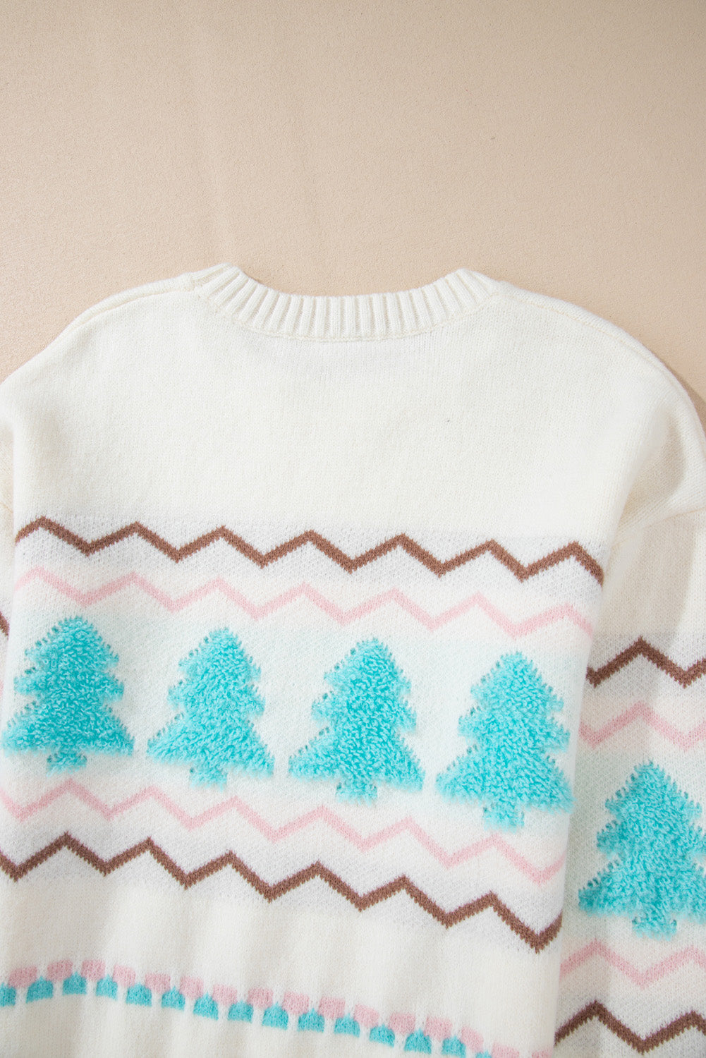 Tree Ribbed Trim Drop Shoulder Sweater
