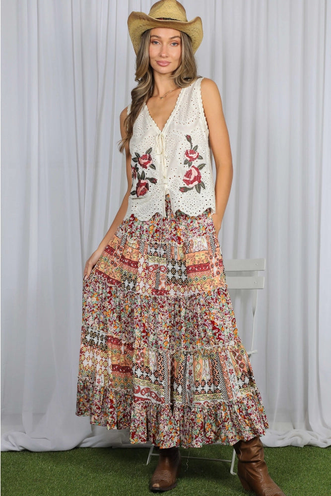 Midnight Bloom Patchwork Maxi Skirt 🍷