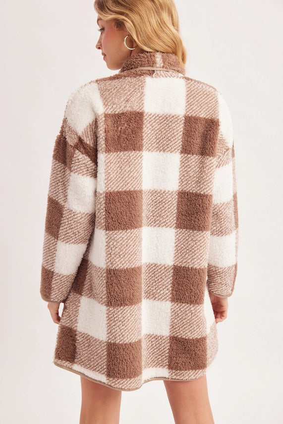 Tahoe Plaid Draped Shawl Collar Teddy Jacket