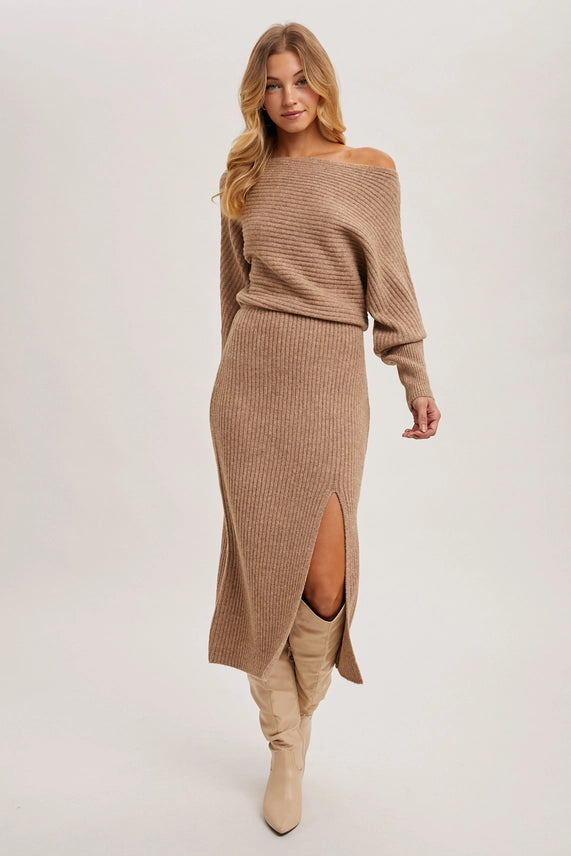 Modern Muse One-Shoulder Slit Knit Midi Dress