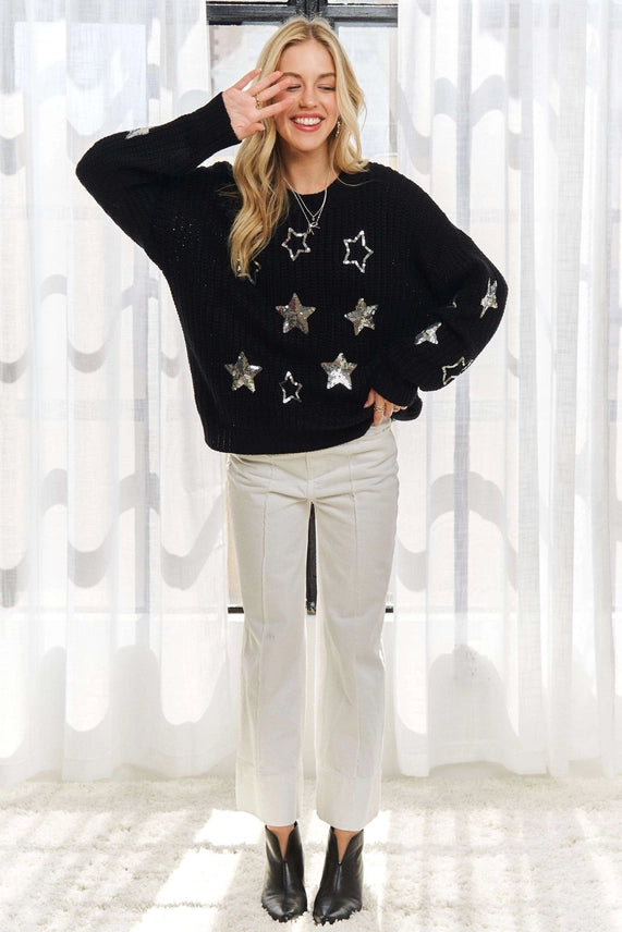 Drop Shoulder Sequins Star Sweater Top
