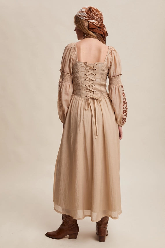 Embroidered Puff Sleeve Maxi Dress - Taupe