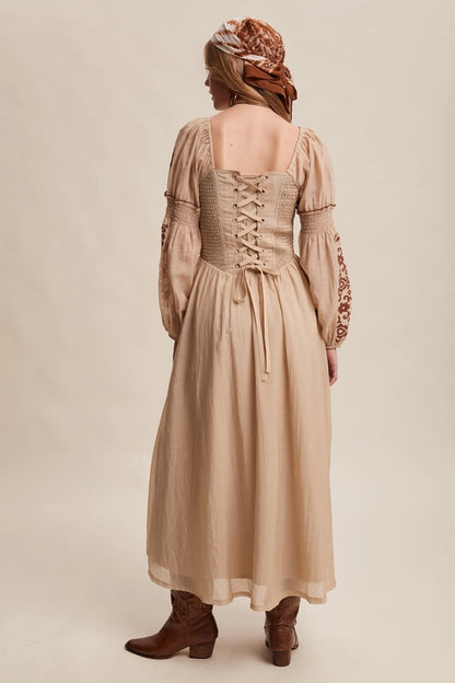 Embroidered Puff Sleeve Maxi Dress - Taupe
