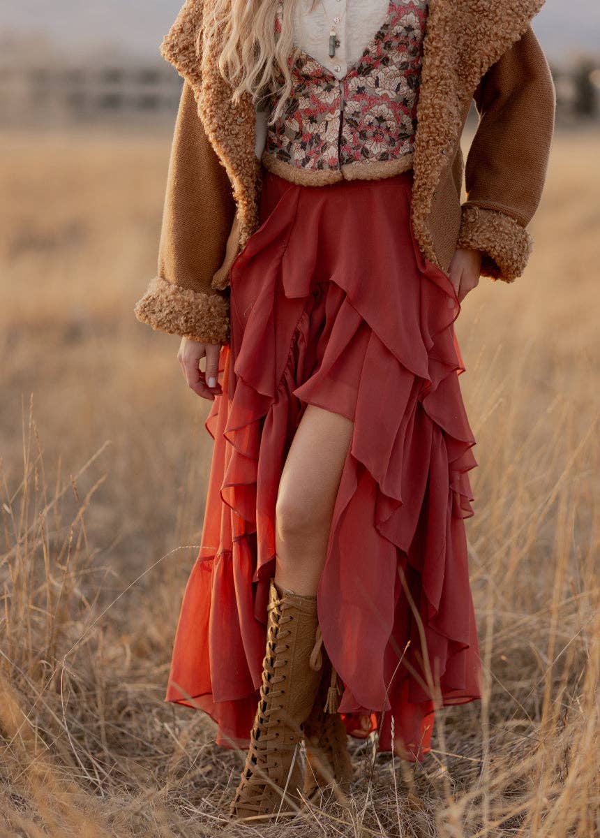 Rust Ruffle Cascade Maxi Skirt