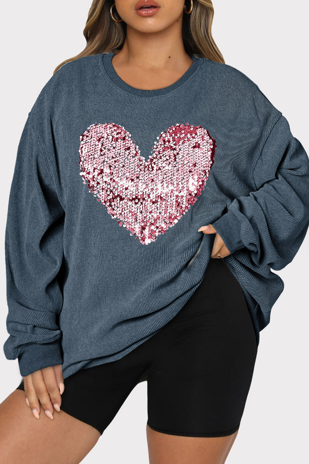 Heart Sequin Round Neck Sweatshirt