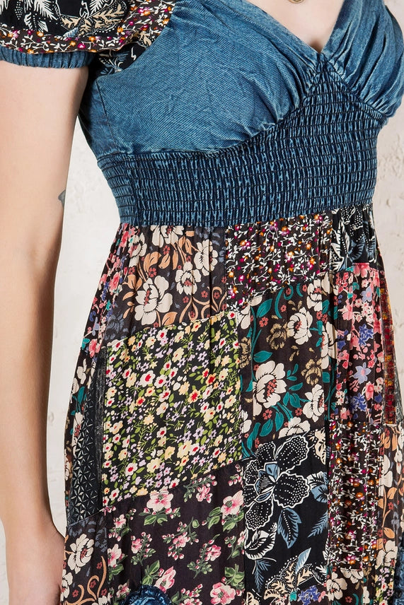 Boho Denim Patchwork Midi Dress-Floral