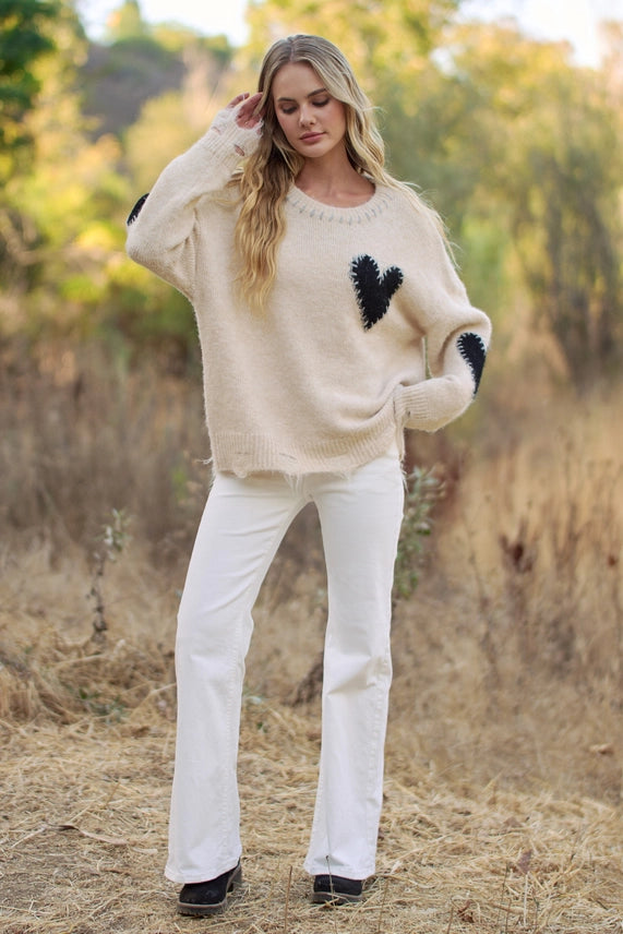 Oatmeal Heart Patch Knit Sweater