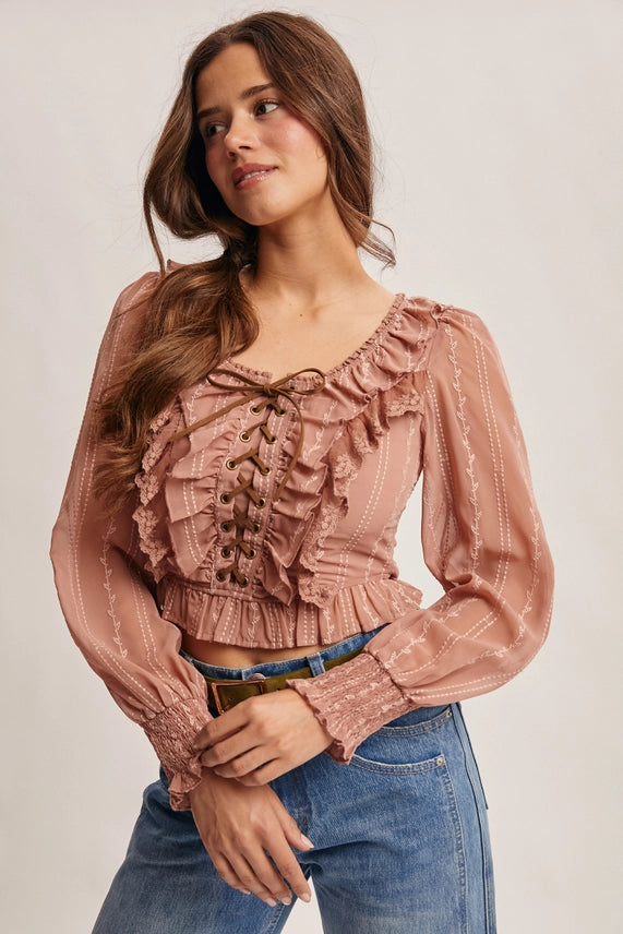 Ruffle Lace-Up Smocked Blouse