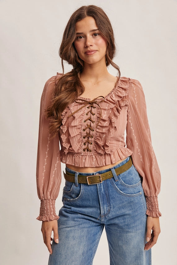 Ruffle Lace-Up Smocked Blouse