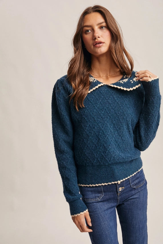 Daisy Embroidered Collar Knit Sweater