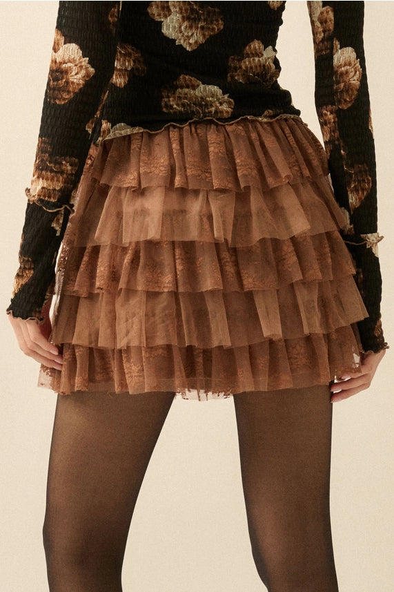 Lace and Tulle Tiered Ruffle Mini Skirt-Taupe