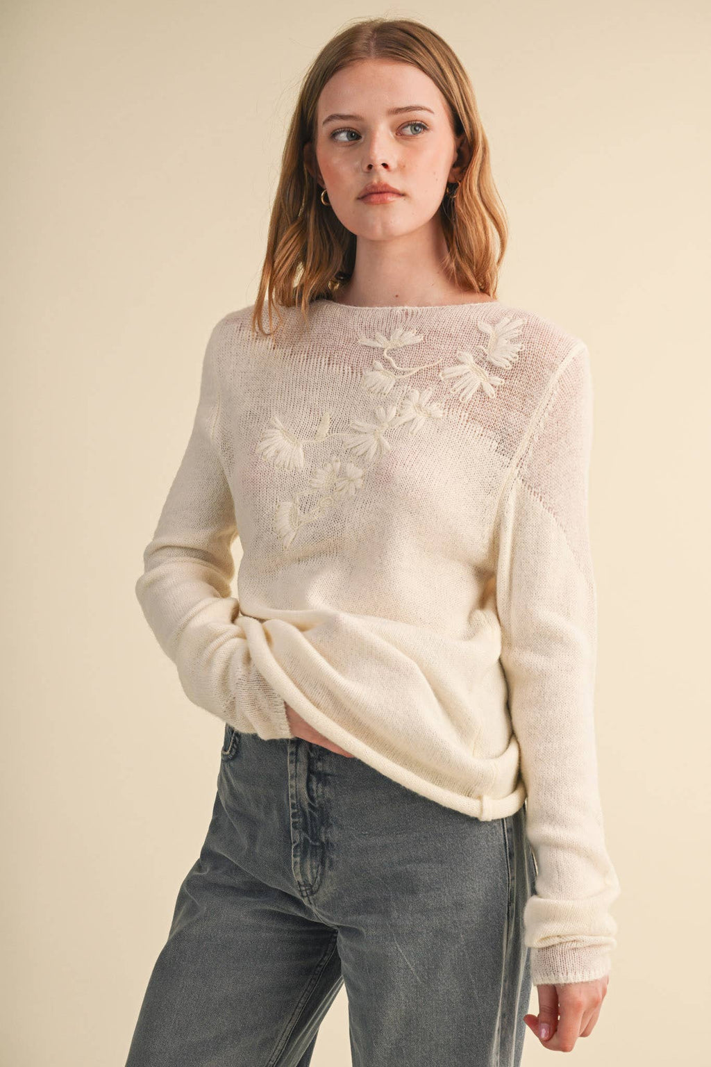 Evelyn Embroidered Boatneck Sweater – Cream
