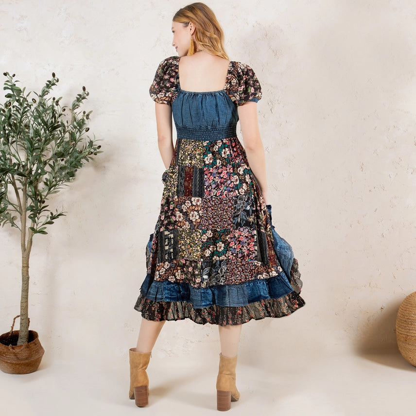 Boho Denim Patchwork Midi Dress-Floral
