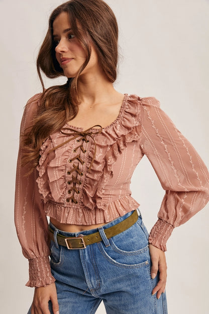 Ruffle Lace-Up Smocked Blouse