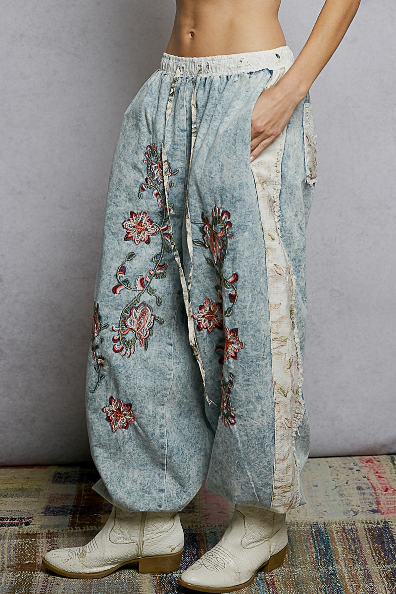 Wildflower Embroidered Denim Joggers **PRE-ORDER**