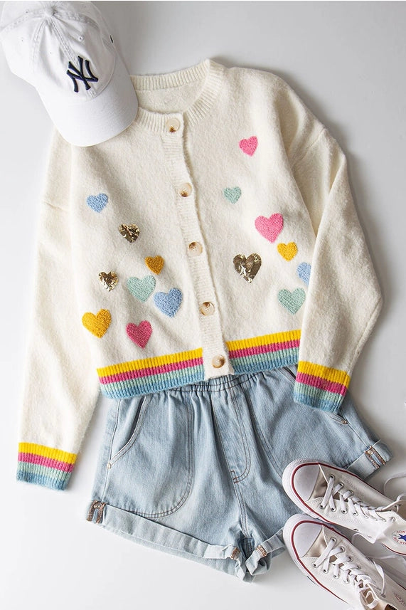 Embroidered Hearts Rainbow Trim Cardigan