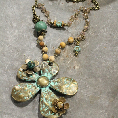 Patina 3D Flower & Czech Layered Necklace