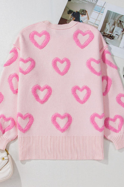 Heart Round Neck Long Sleeve Sweater