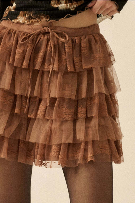 Lace and Tulle Tiered Ruffle Mini Skirt-Taupe