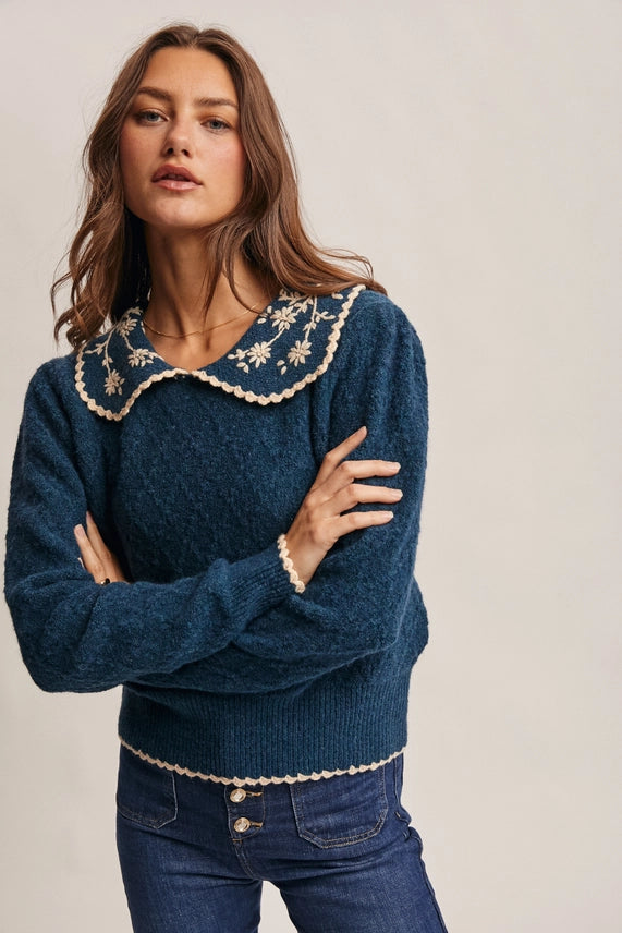 Daisy Embroidered Collar Knit Sweater