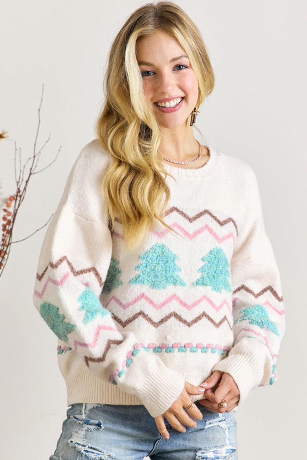Tree Ribbed Trim Drop Shoulder Sweater