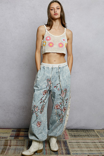Wildflower Embroidered Denim Joggers **PRE-ORDER**