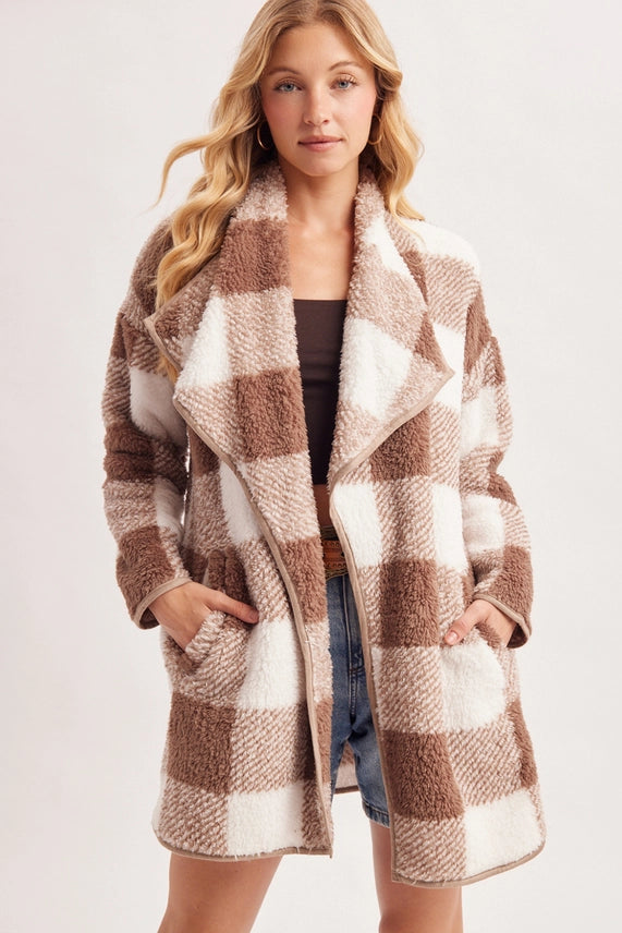 Tahoe Plaid Draped Shawl Collar Teddy Jacket
