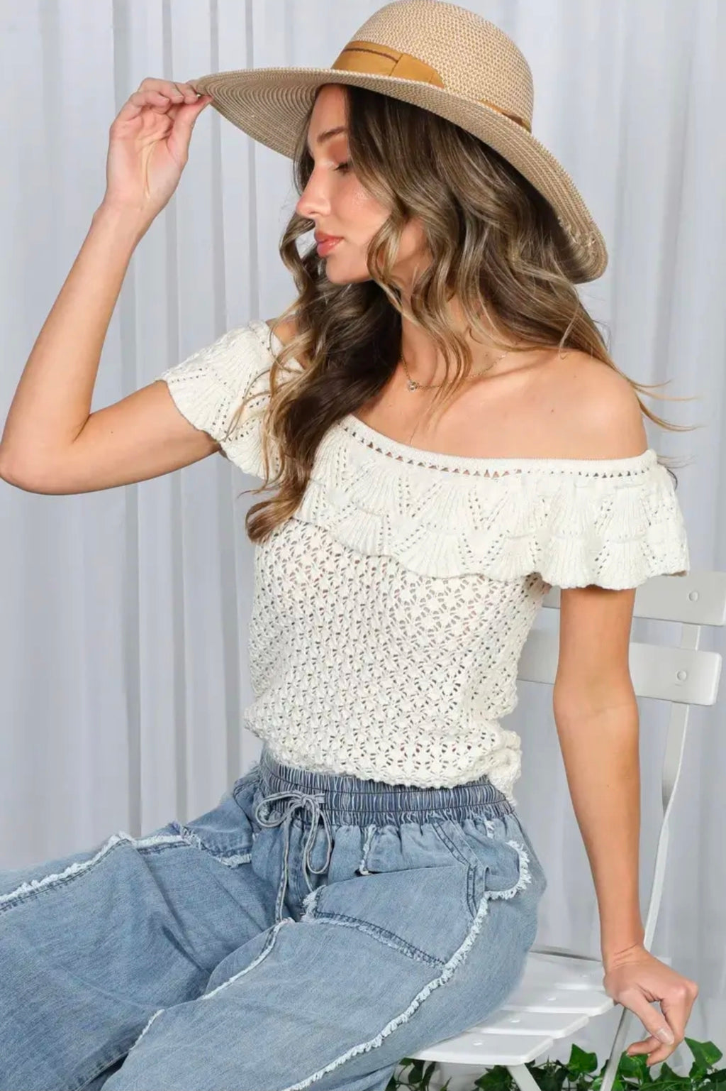 Cream Crochet Off-the-Shoulder Top