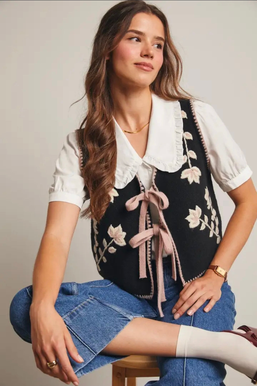 Floral Tie Front Knit Vest