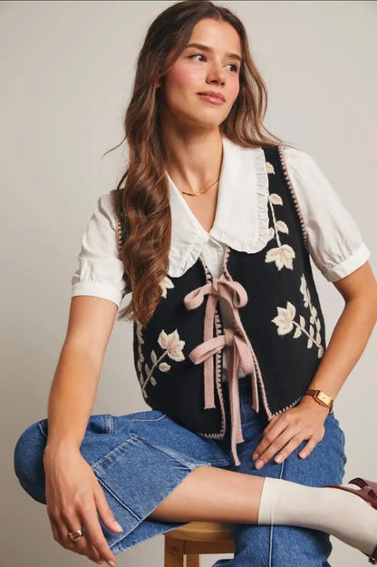 Floral Tie Front Knit Vest
