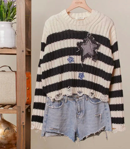 Star Denim Distressed Sweater