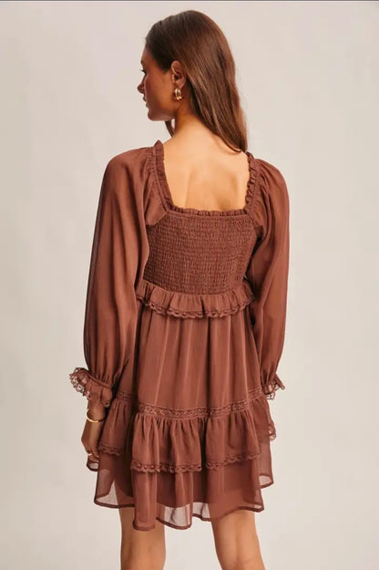 Crinkled Tiered Boho Mocha Dress