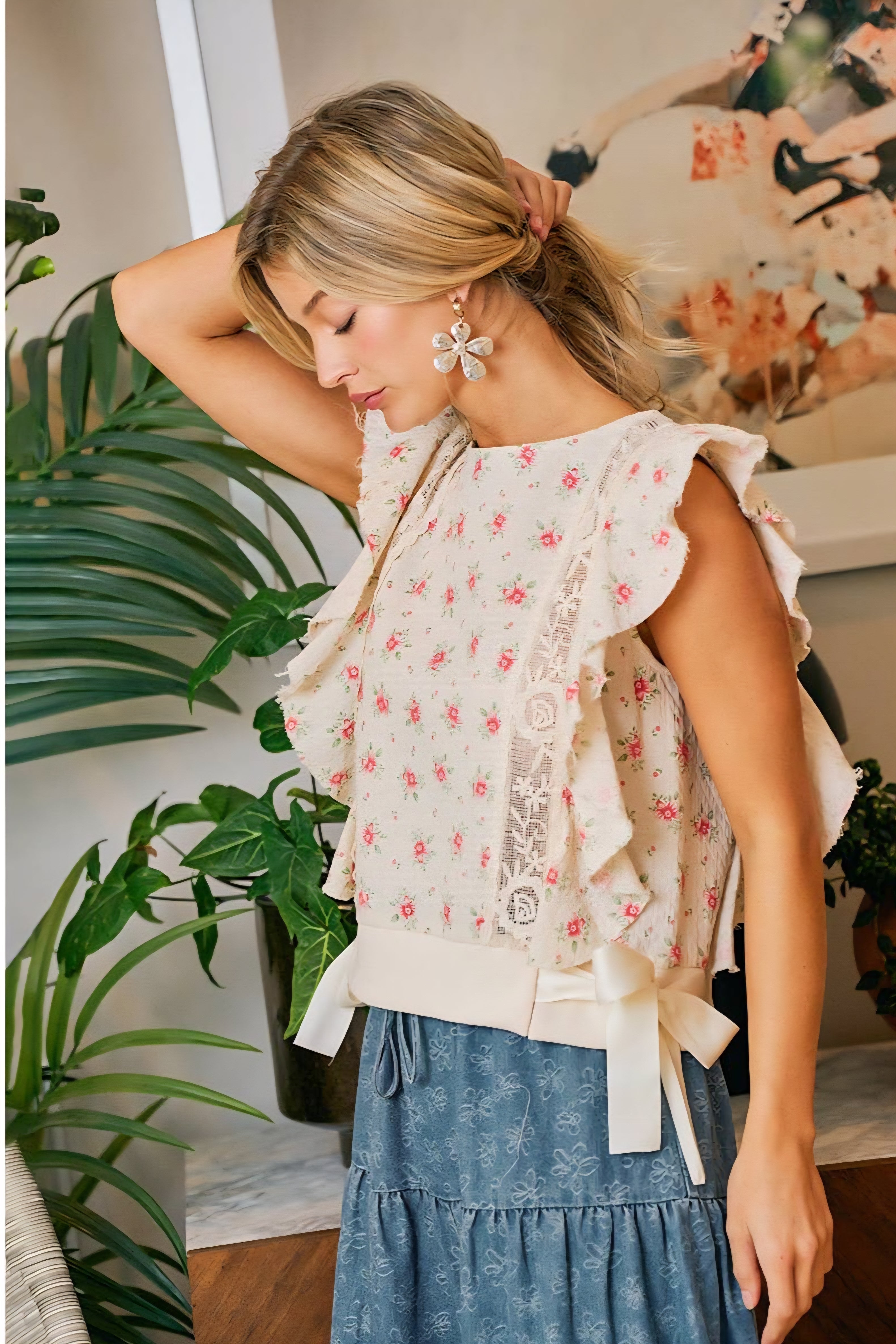 Floral Ruffle Sleeve Top
