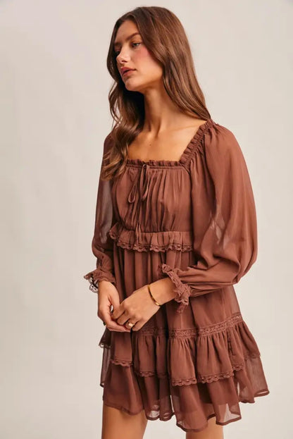 Crinkled Tiered Boho Mocha Dress